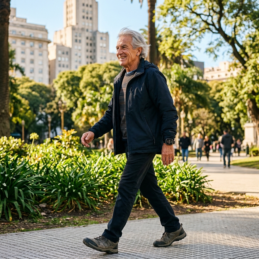 Adulto mayor activo caminando en parque con reloj Cuidados Activos