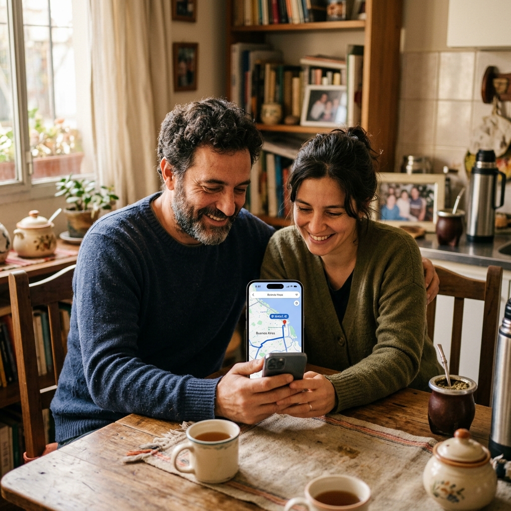 Familia revisando app GPS Cuidados