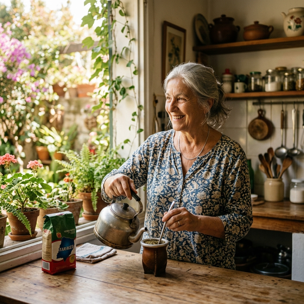 Nona preparando el mate, viviendo su vida con autonomía